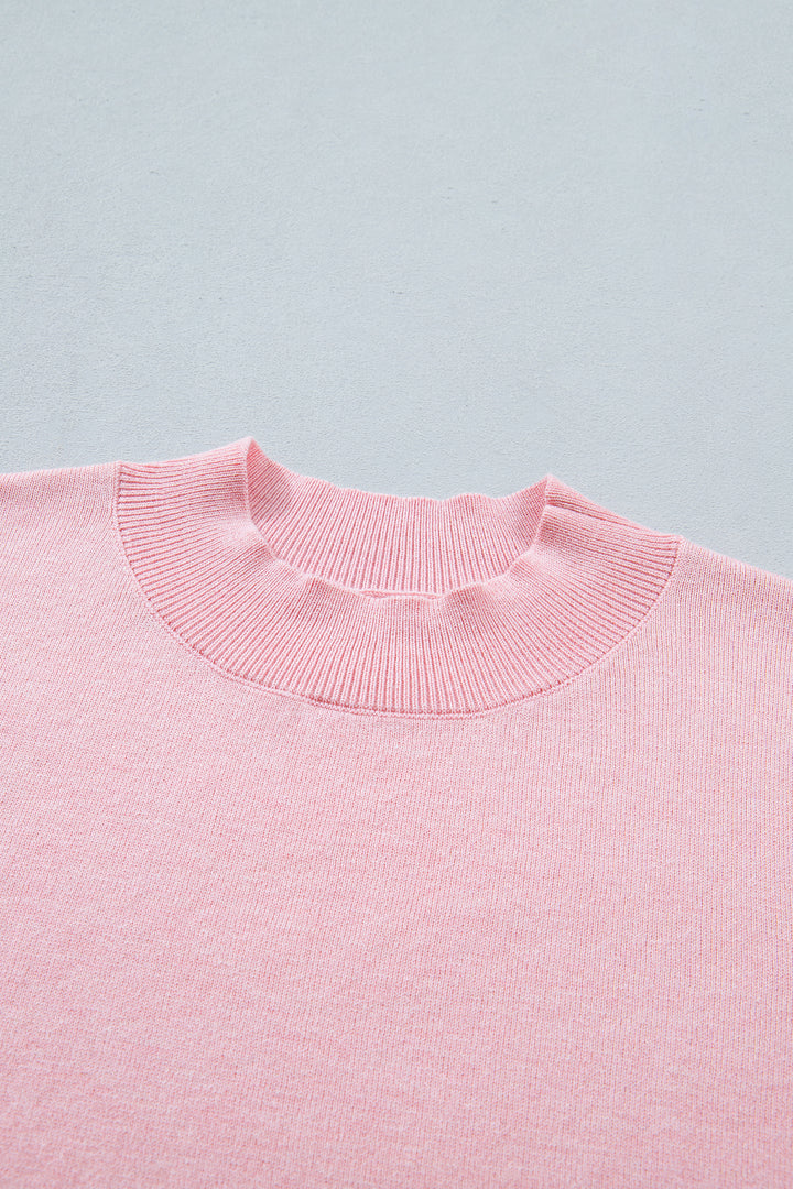 Pink Stand Neck Contrast Wavy Trim Short Sleeve Sweater