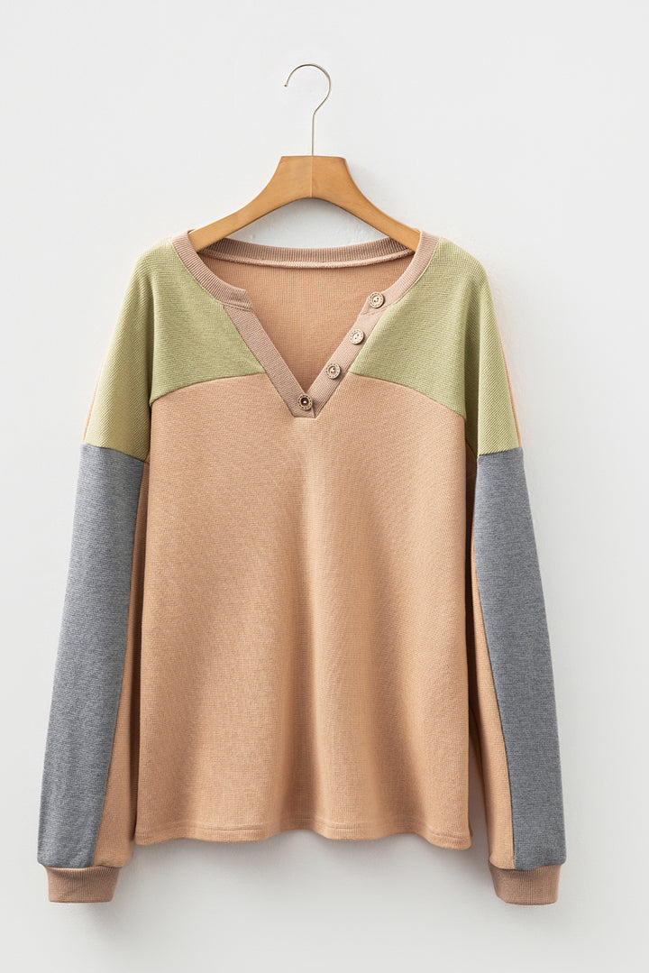 Color Block Thermal Textured Knit Drop Shoulder Henley Top
