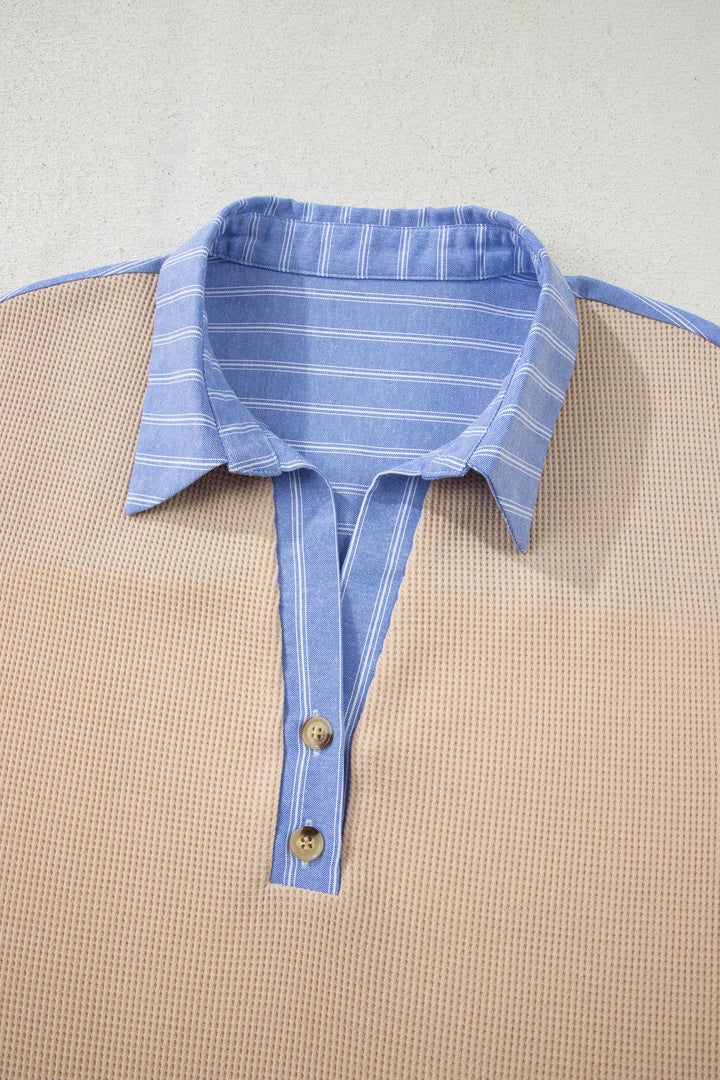 Parchment Plus Size Striped Contrast Trim Waffle Knit Collared Top