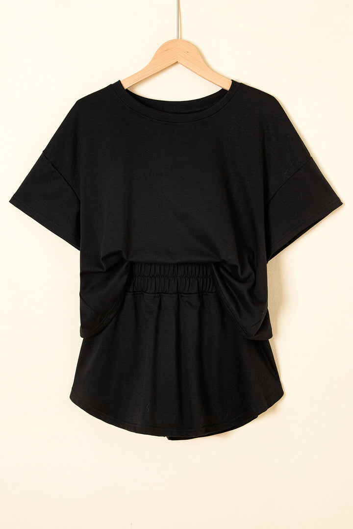 Black 2pcs Cropped Tee and Ruffle High Waist Skort Set