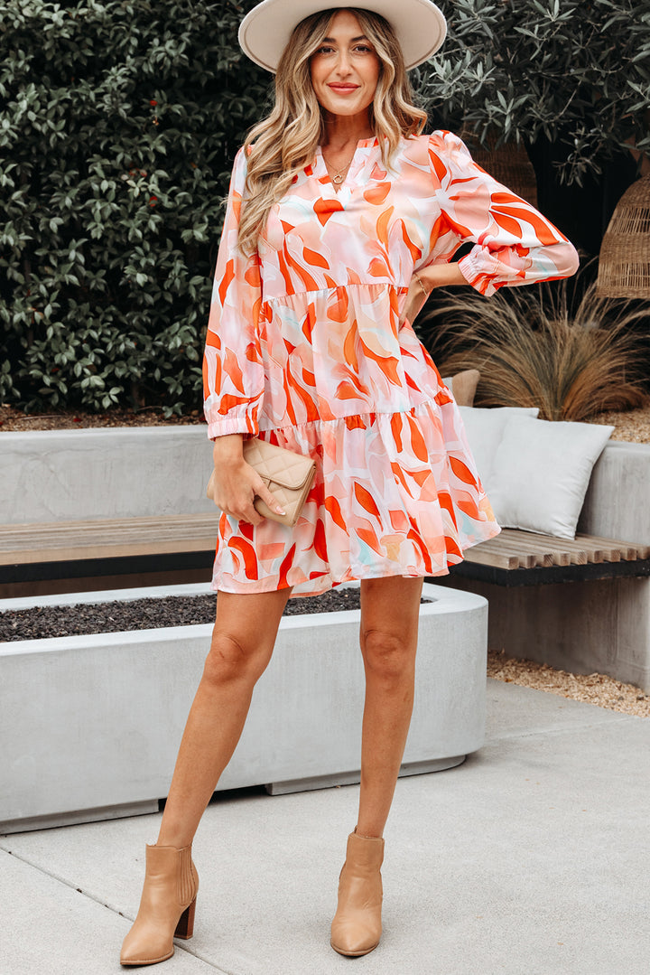 Abstract Print Split Neck Long Sleeve Dress