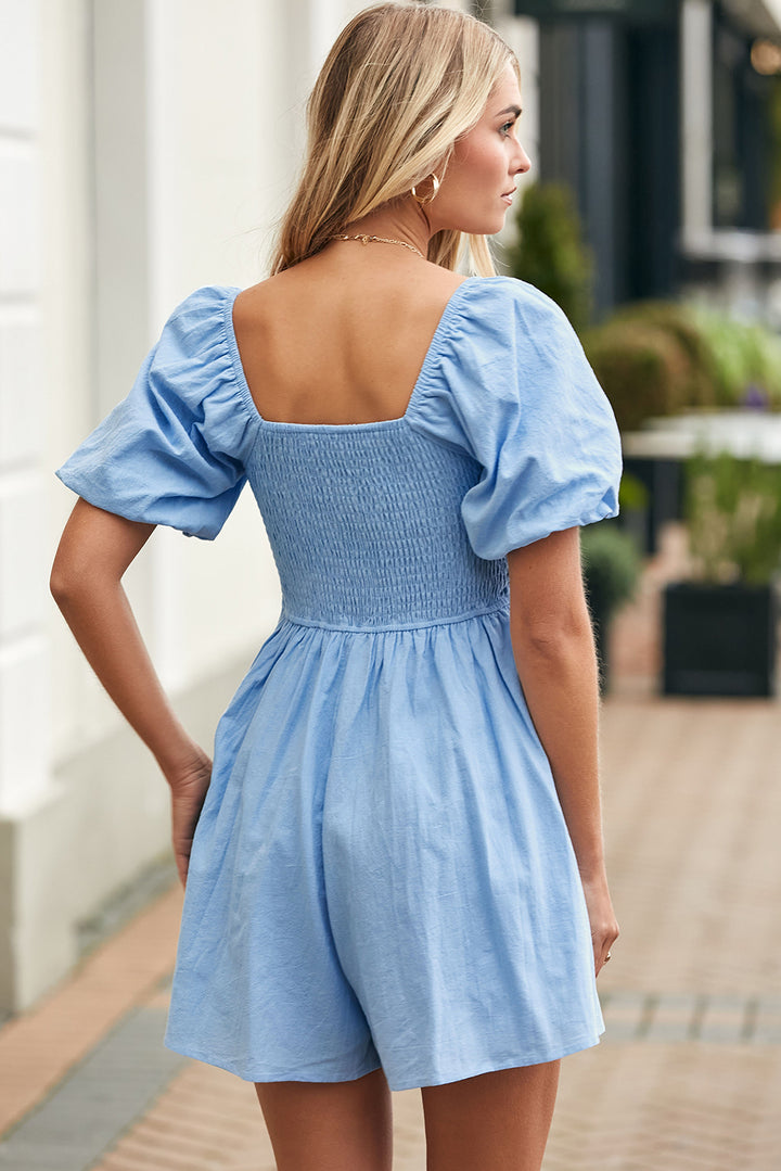 Sky Blue Brown Square Neck Ruched Puff Sleeve Romper