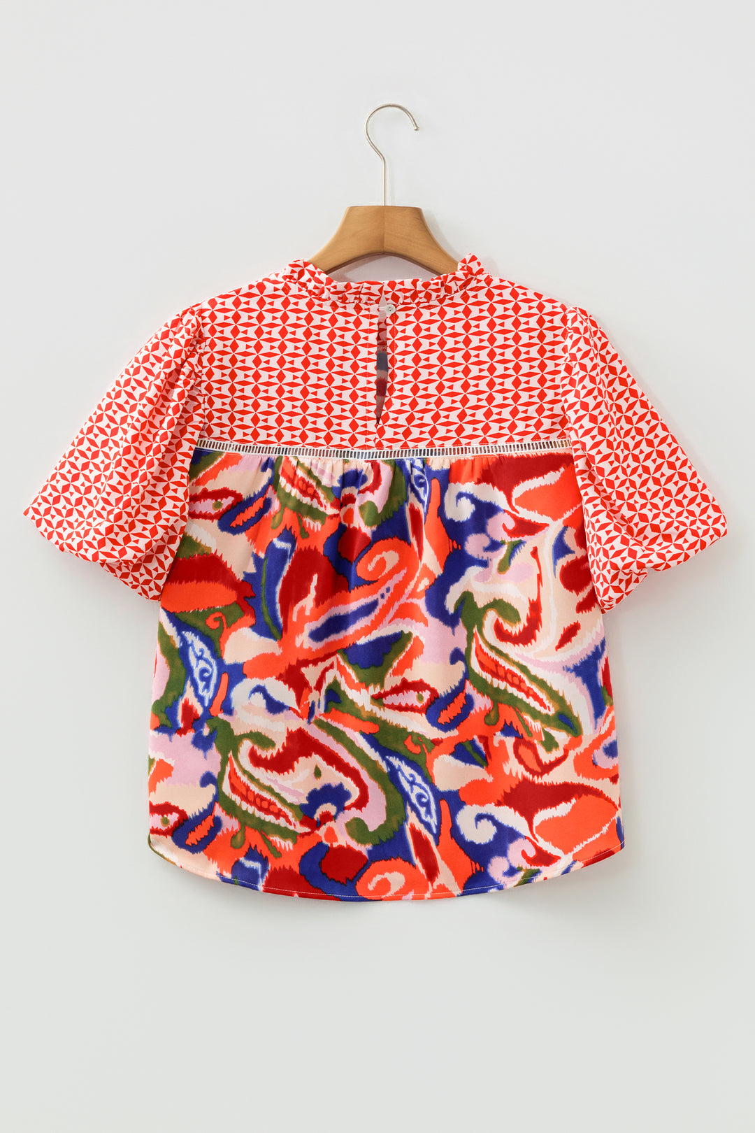 Paisley Geometric Mixed Print Patchwork Puff Sleeve Blouse Top