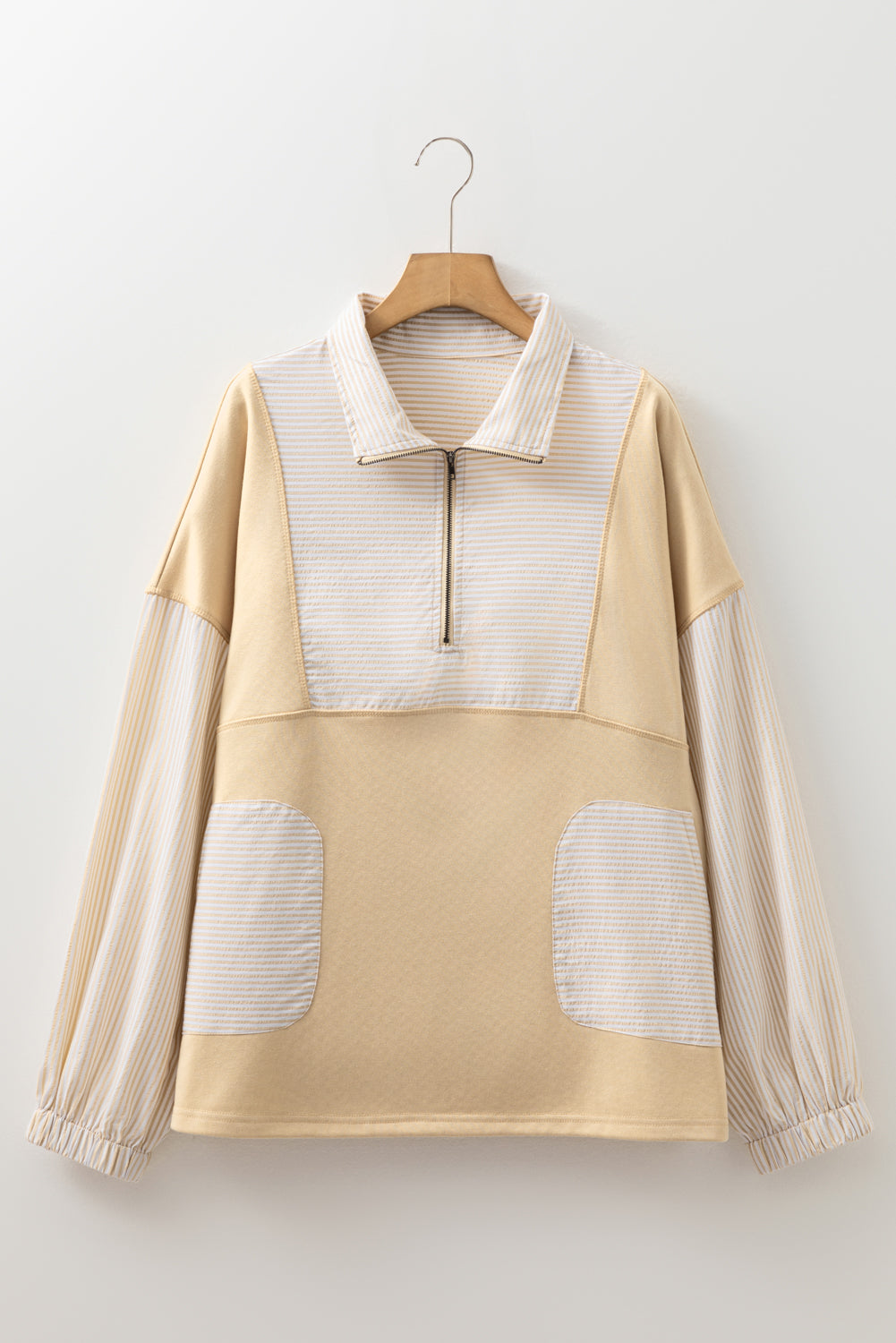 Khaki Stripe Mix Half Zip French Terry Plus Size Sweatshirt