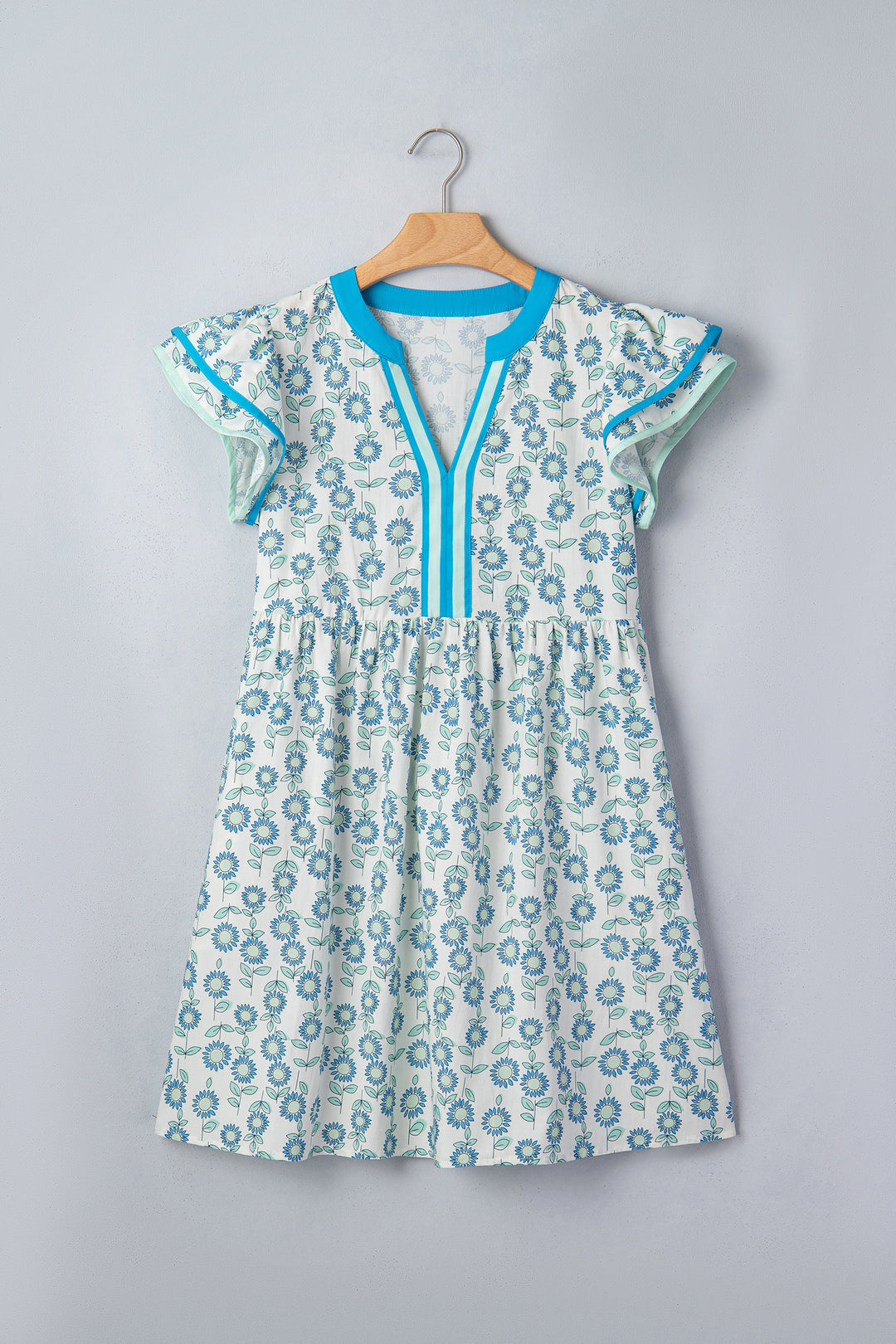 Sky Blue Floral Print Contrast Trim Flutter Sleeve Mini Dress