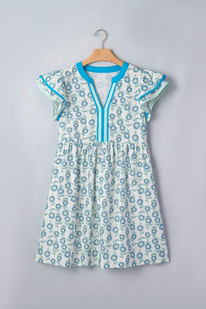 Sky Blue Floral Print Contrast Trim Flutter Sleeve Mini Dress