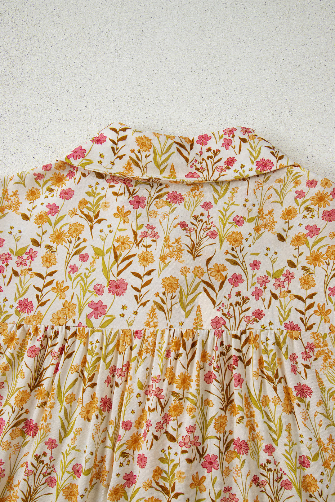 Floral Print Frilly Trim Smocked Cuff Long Sleeve Loose Shirt Dress