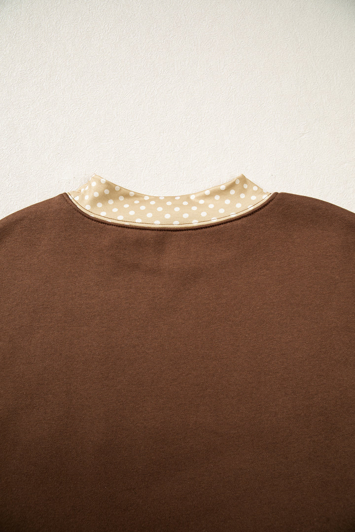 Coffee Polka Dot Trim High Neck BLESSED Letter Graphic Baggy Sweatshirt