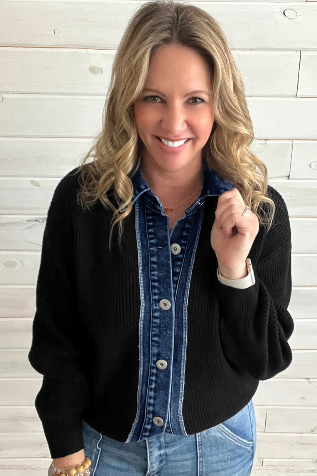 Color black Placket Paneling Shirt Collar Long Sleeve Cardigan
