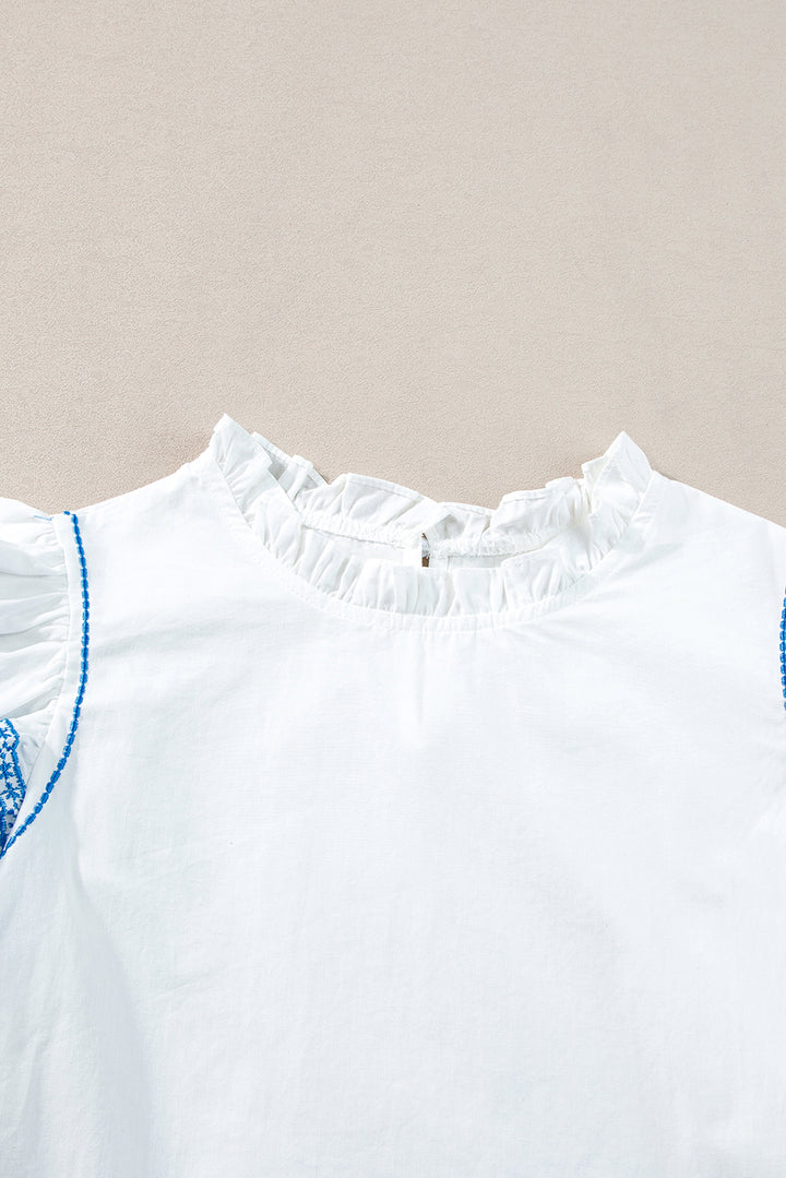 Embroidered Ruffled Sleeve Frilled Collar Blouse