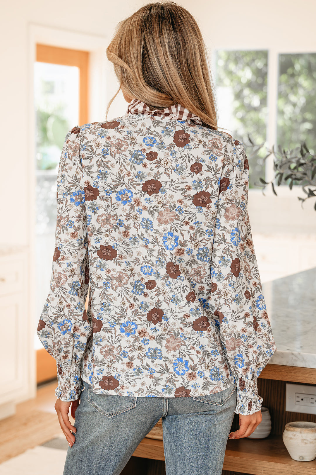 Plaid Frilled Trim V Neck Floral Long Sleeve Blouse