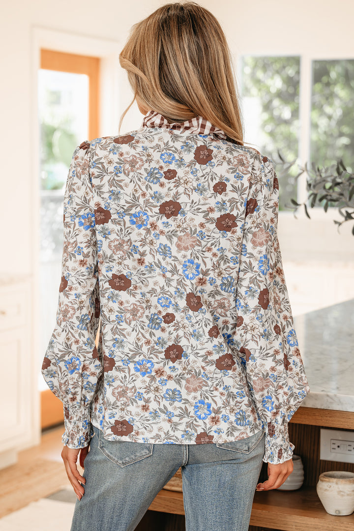 Plaid Frilled Trim V Neck Floral Long Sleeve Blouse