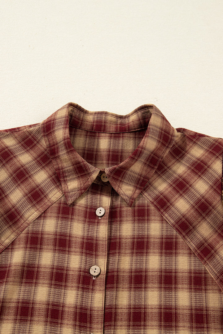 Plaid Print Ruffled Long Sleeve Patchwork Hem Mini Shirt Dress