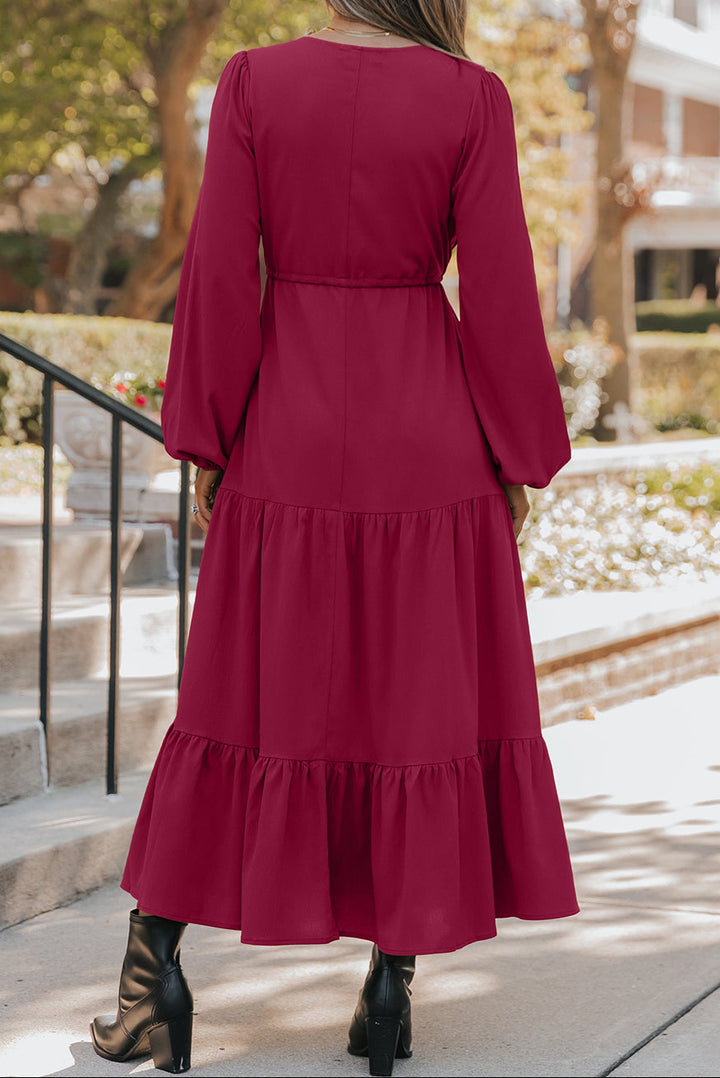 Burgundy Solid Long Sleeve Button V Neck Tiered Maxi Dress