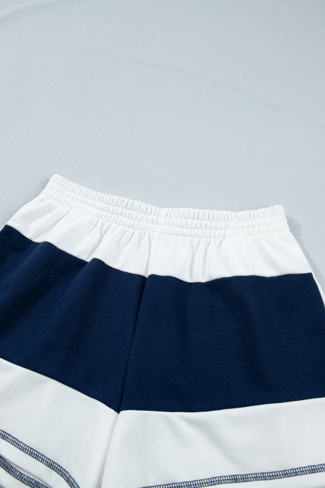 Prussian Blue Exposed Seam Detail Half Sleeve Top Elastic Waist Shorts 2pcs Set