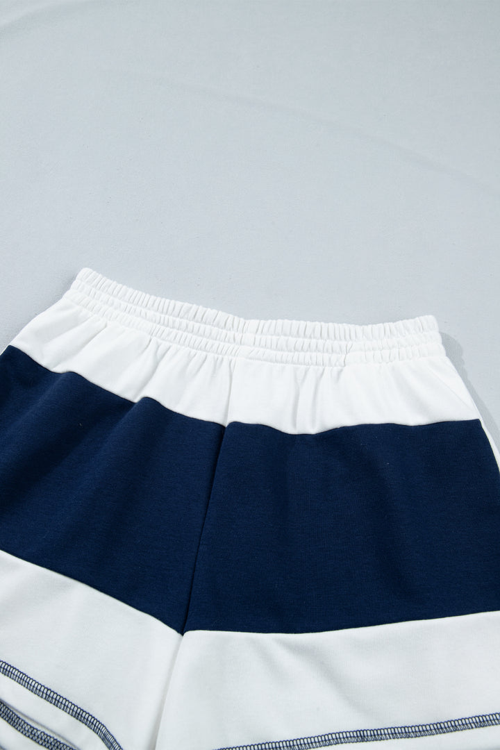 Prussian Blue Exposed Seam Detail Half Sleeve Top Elastic Waist Shorts 2pcs Set