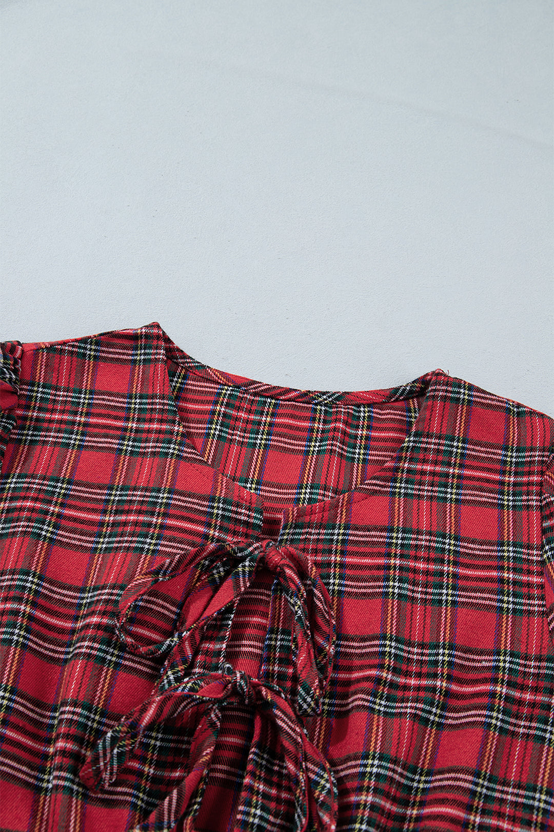 Red Plaid Tie Front Long Sleeve Short Shift Dress