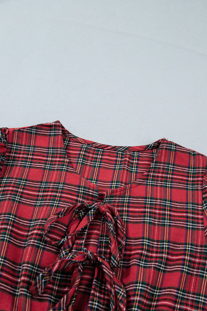 Red Plaid Tie Front Long Sleeve Short Shift Dress