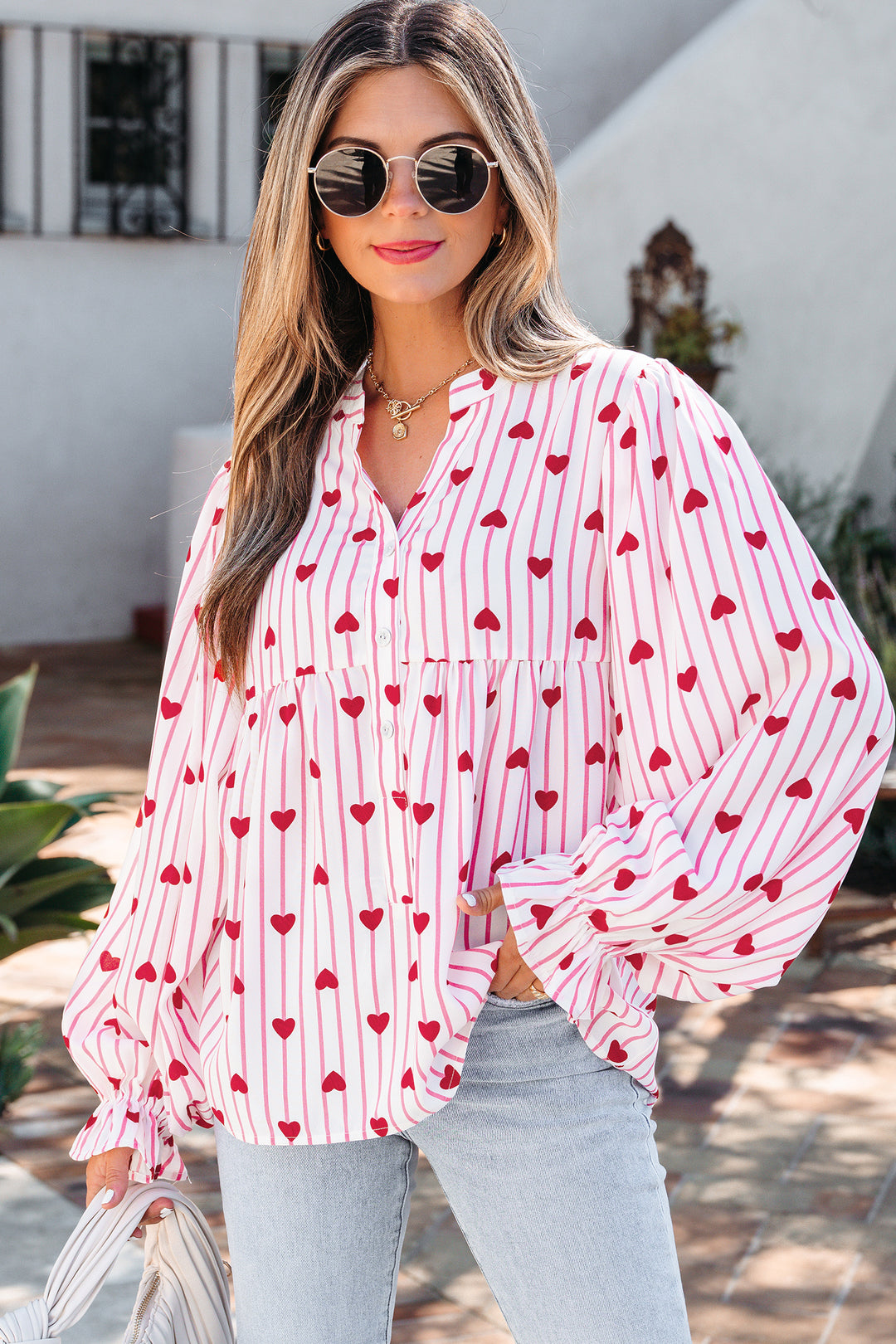 Textured Heart Print Long Flounce Sleeve Shirt