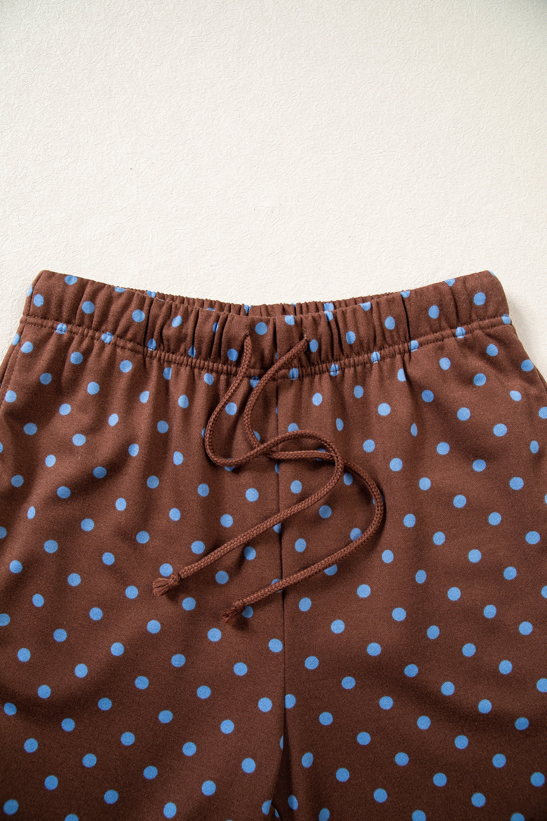 Brown Polka Dot Drawstring Wide Leg Long Sleeve Top Pant Set