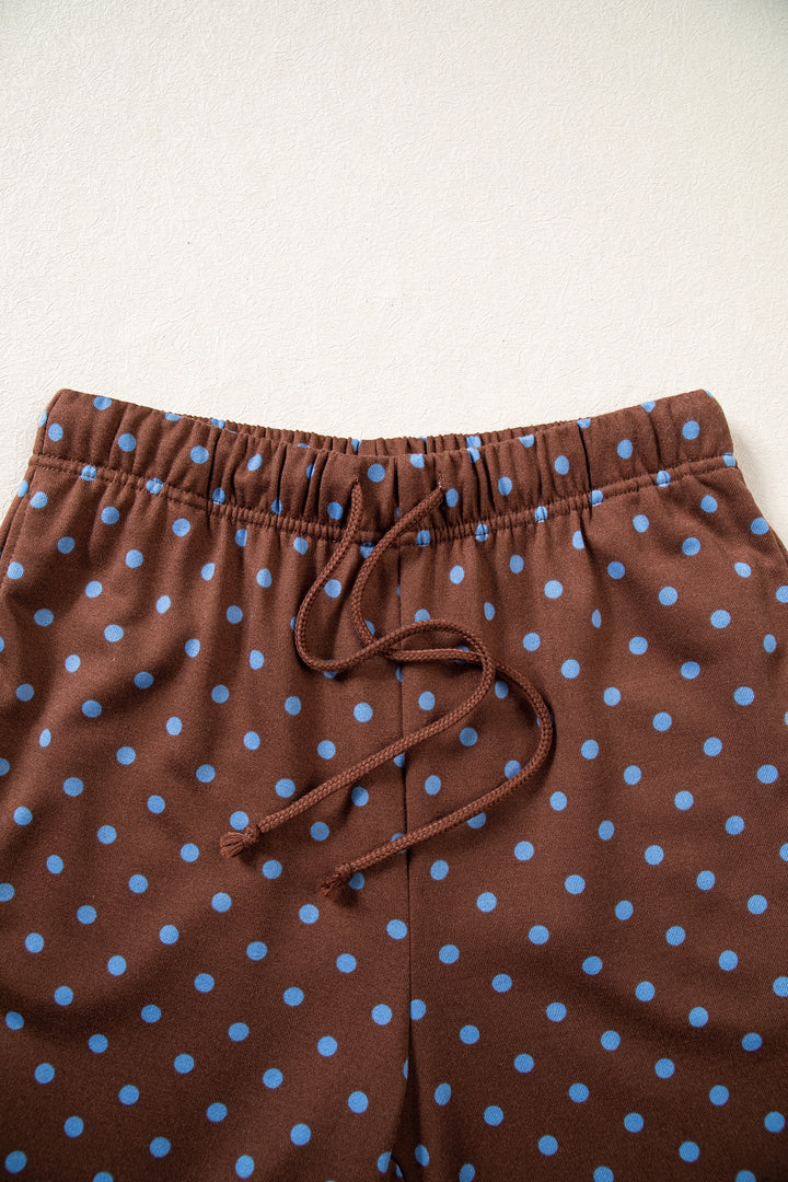 Brown Polka Dot Drawstring Wide Leg Long Sleeve Top Pant Set