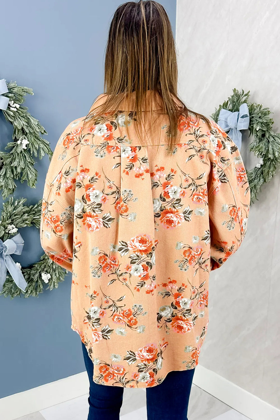 Khaki Floral Print Denim Jacket Shift Silhouette Tunic Length Casual Daily Wear