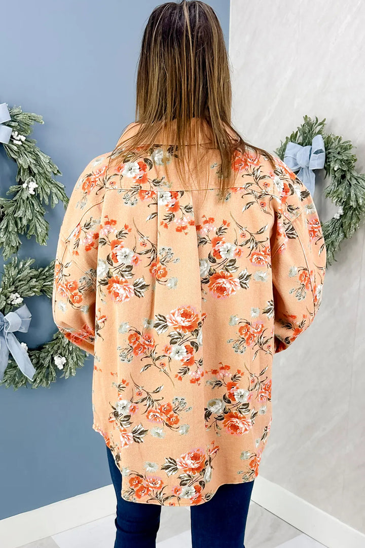 Khaki Floral Print Denim Jacket Shift Silhouette Tunic Length Casual Daily Wear
