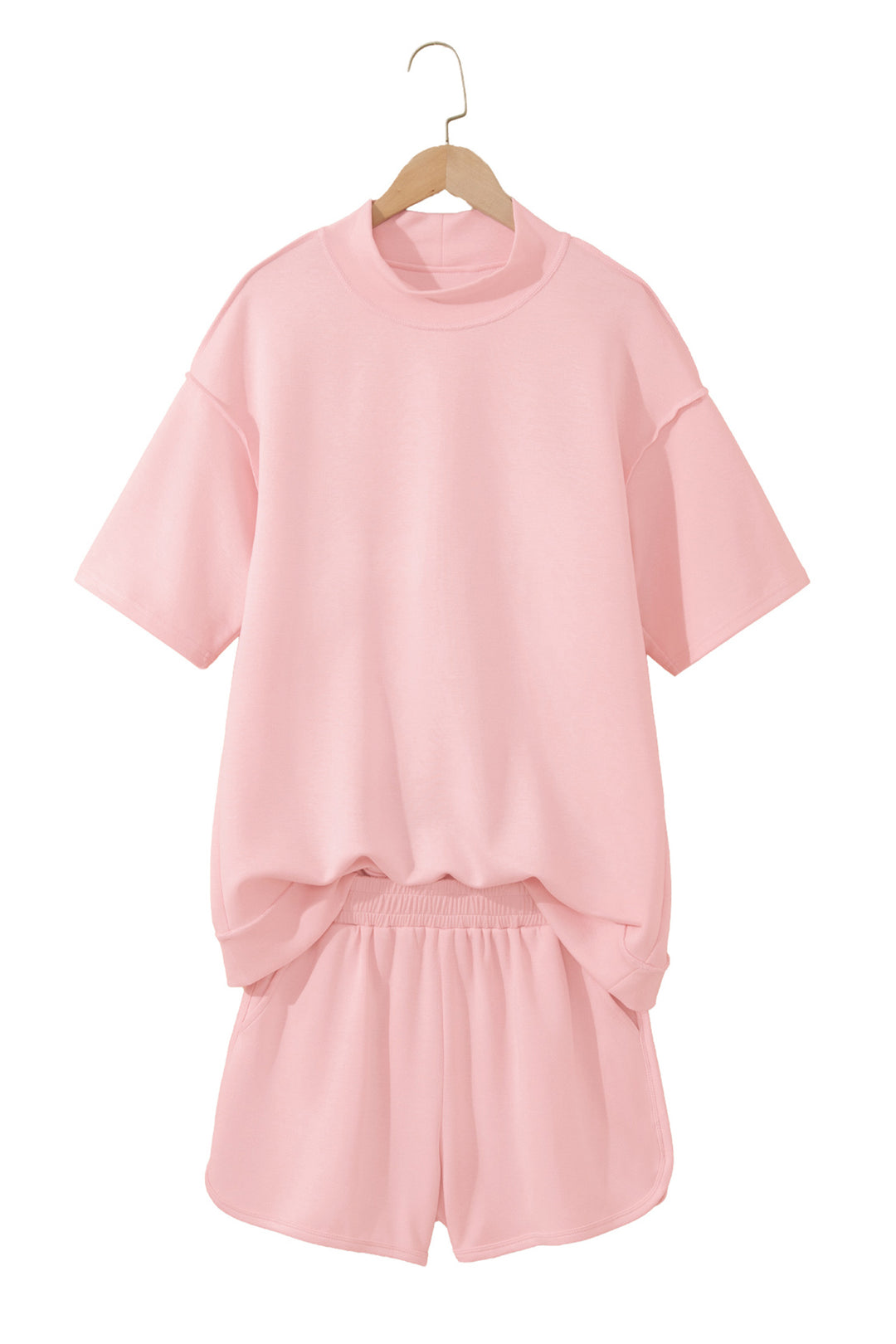 Light Pink Solid Color Exposed Seam Mock Neck Oversize Tee Casual Shorts 2pcs Outfit