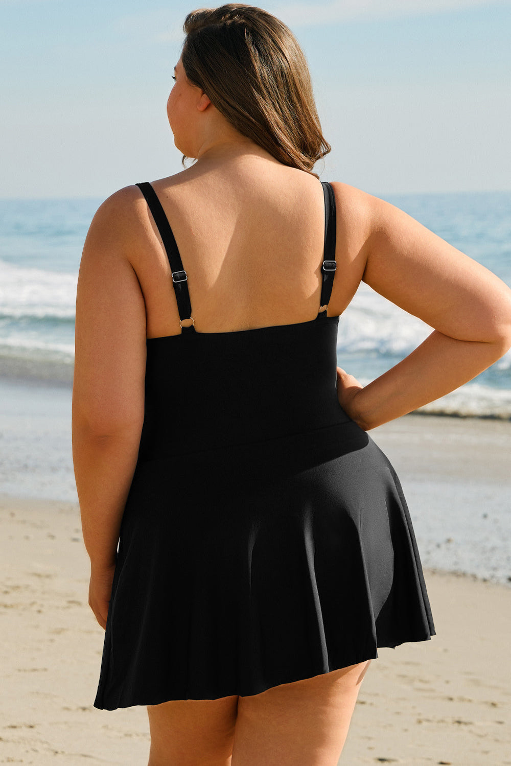 Plus Size Solid Pleated Ruffled One Piece Swim Dress
