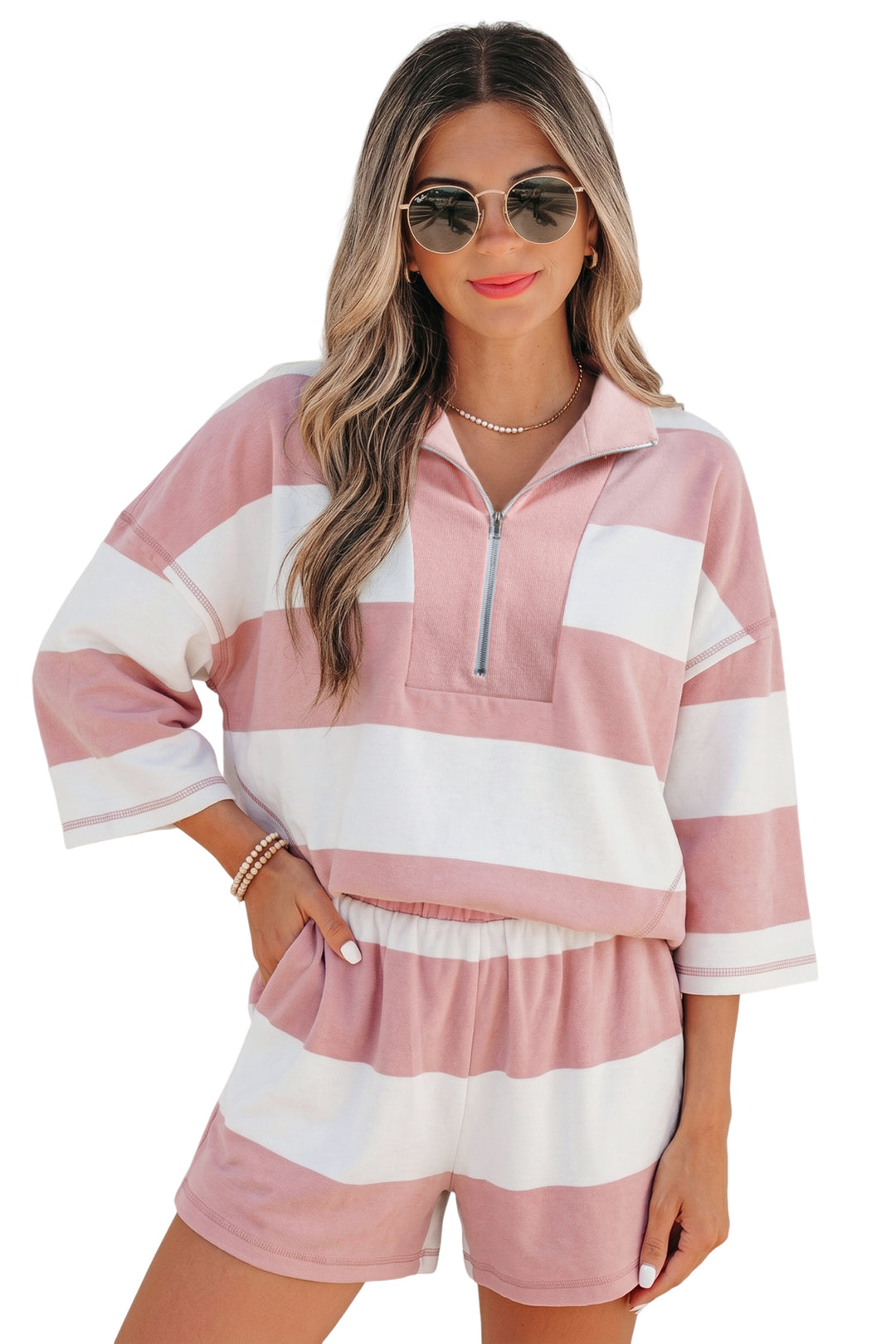 Pink Stripe Half Zip Bracelet Sleeve Top Casual Short Set