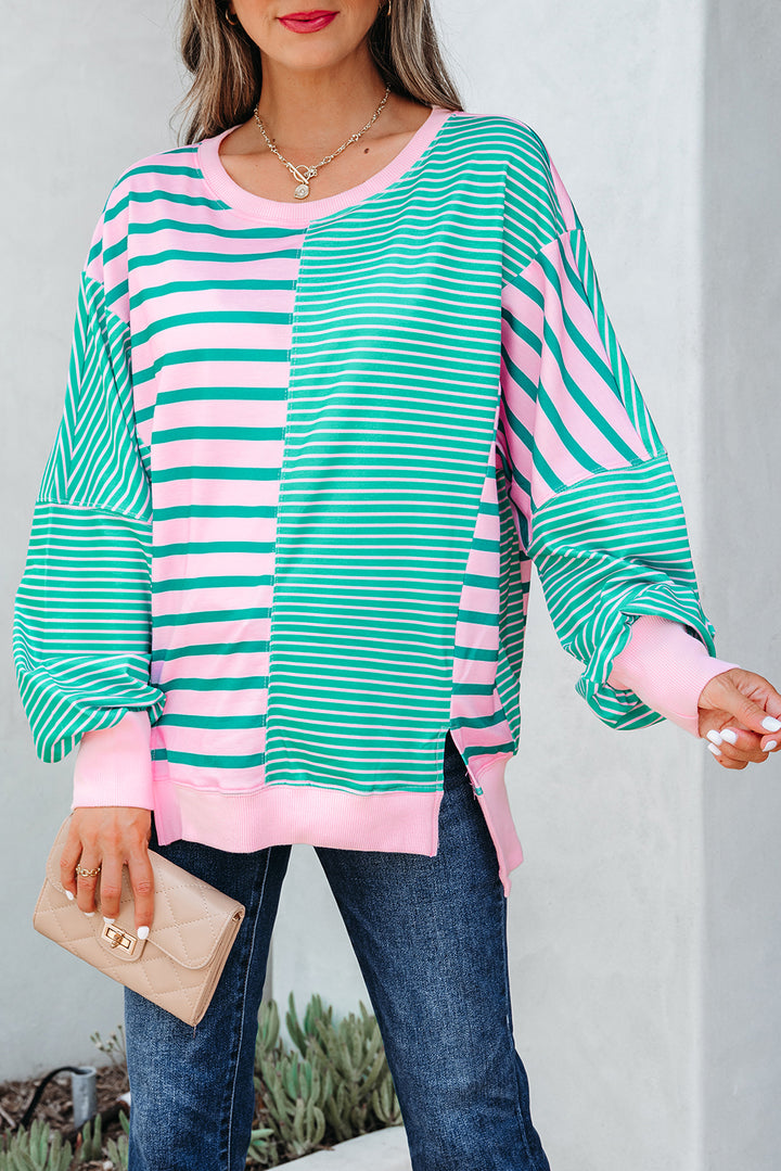 Mix Pattern Color Block Patchwork Side Slit Baggy Sweatshirt