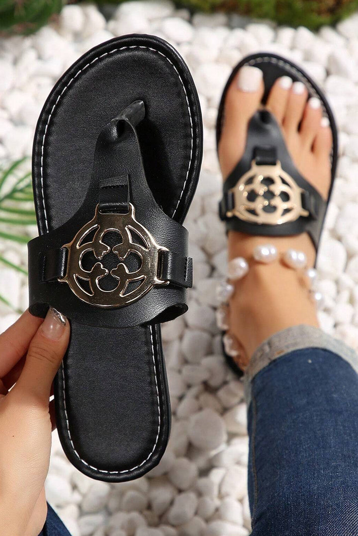Metal Decor Leather Thong Slippers