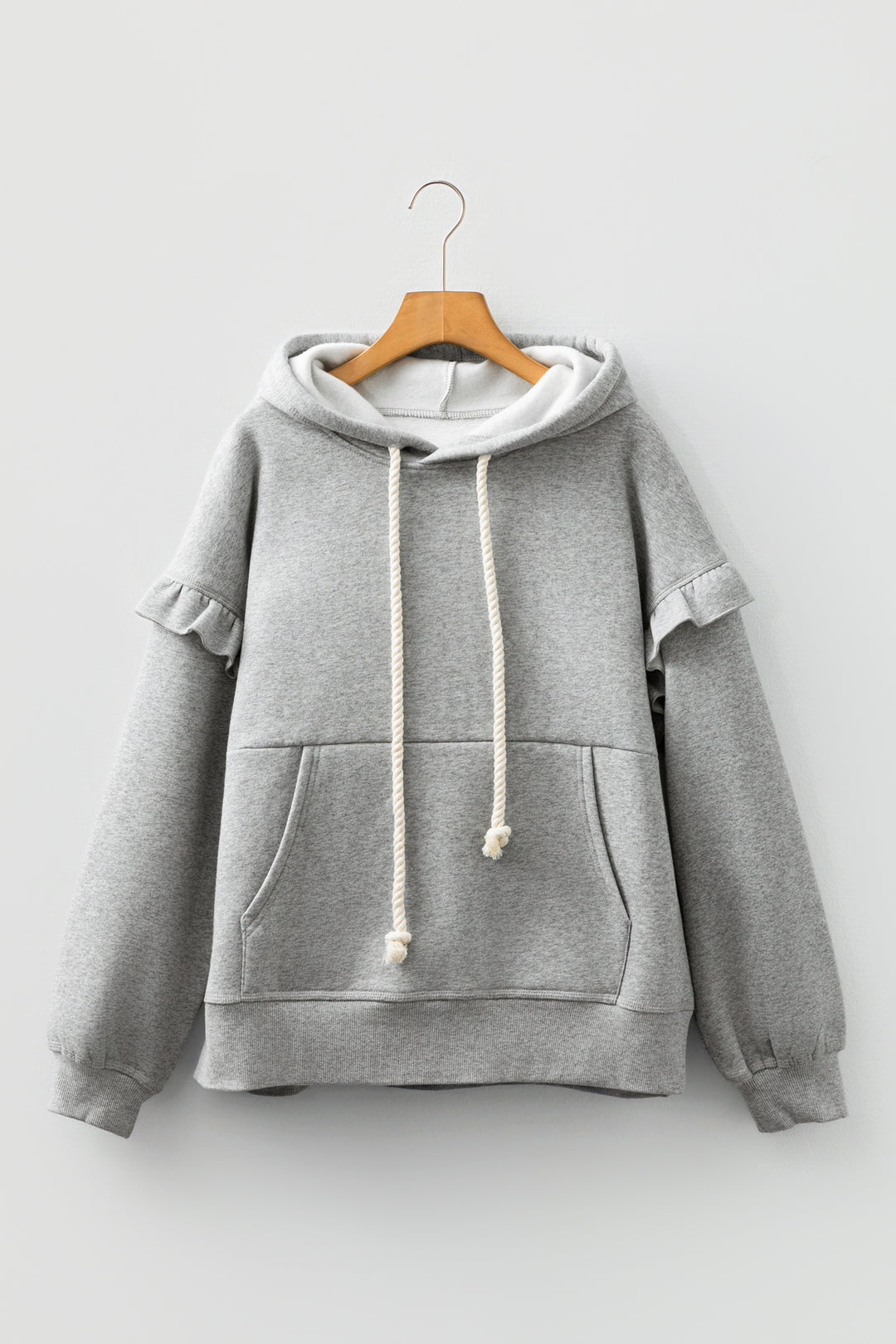 Gray Contrast Rope Drawstring Ruffle Trim Drop Shoulder Baggy Hoodie
