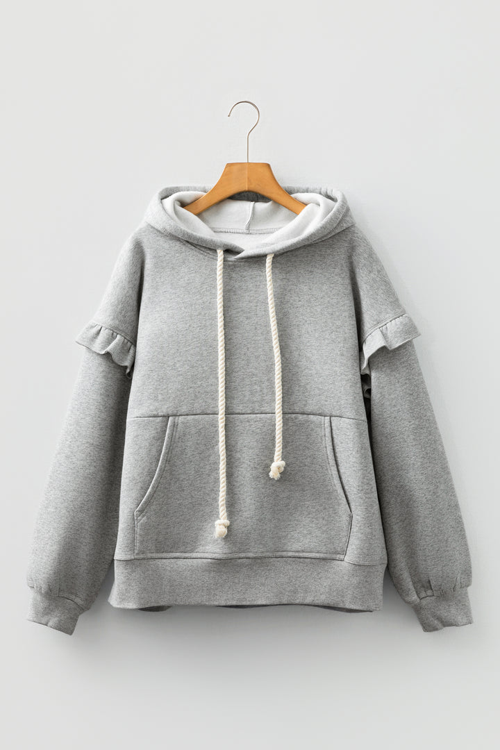 Gray Contrast Rope Drawstring Ruffle Trim Drop Shoulder Baggy Hoodie