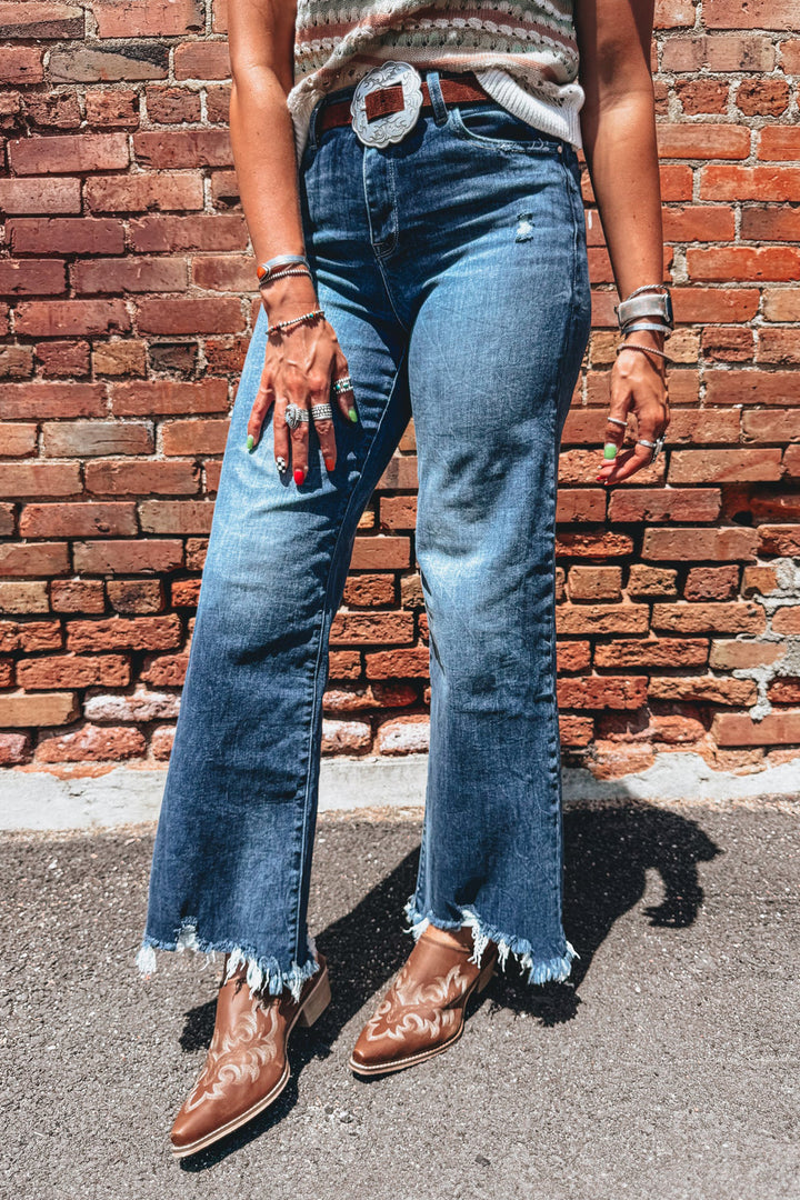 Women Ashleigh Blue High Waist Frayed Hem Flare Jeans