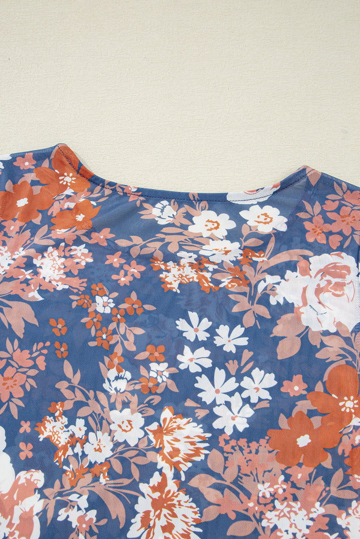 Orchid Petal Floral Print Mesh Fitted Long Sleeve Top