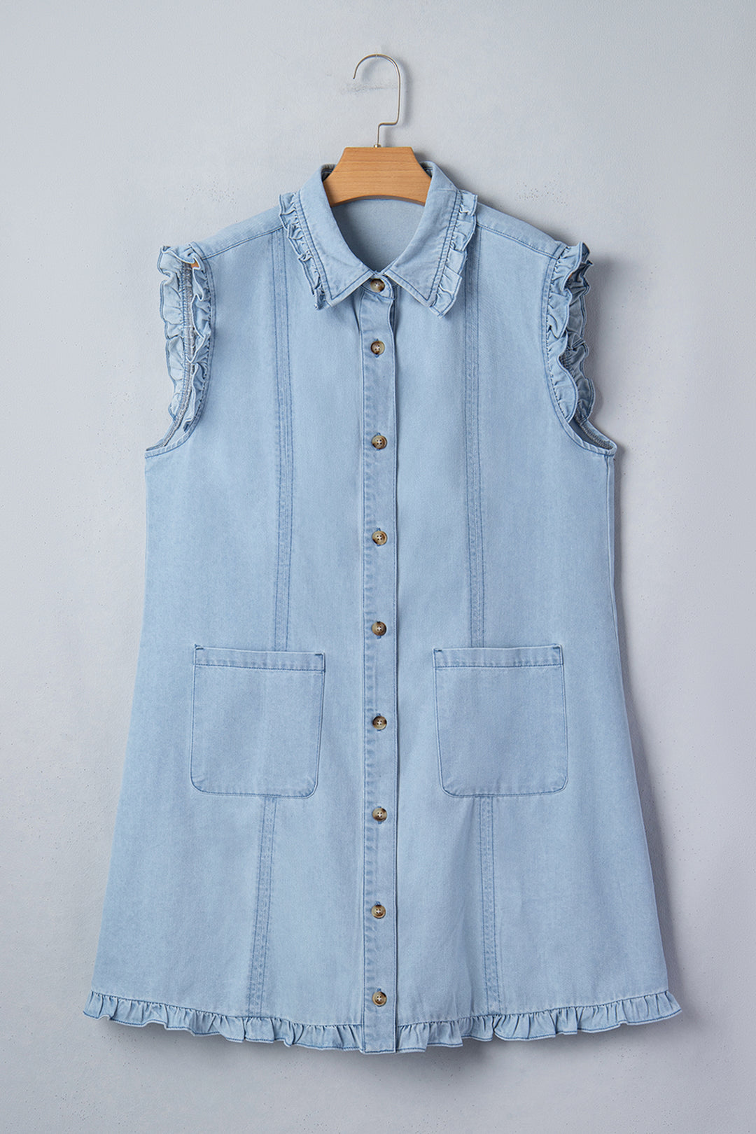 Chic Beau Blue Ruffled Edge Collared Shift Denim Dress with Pockets