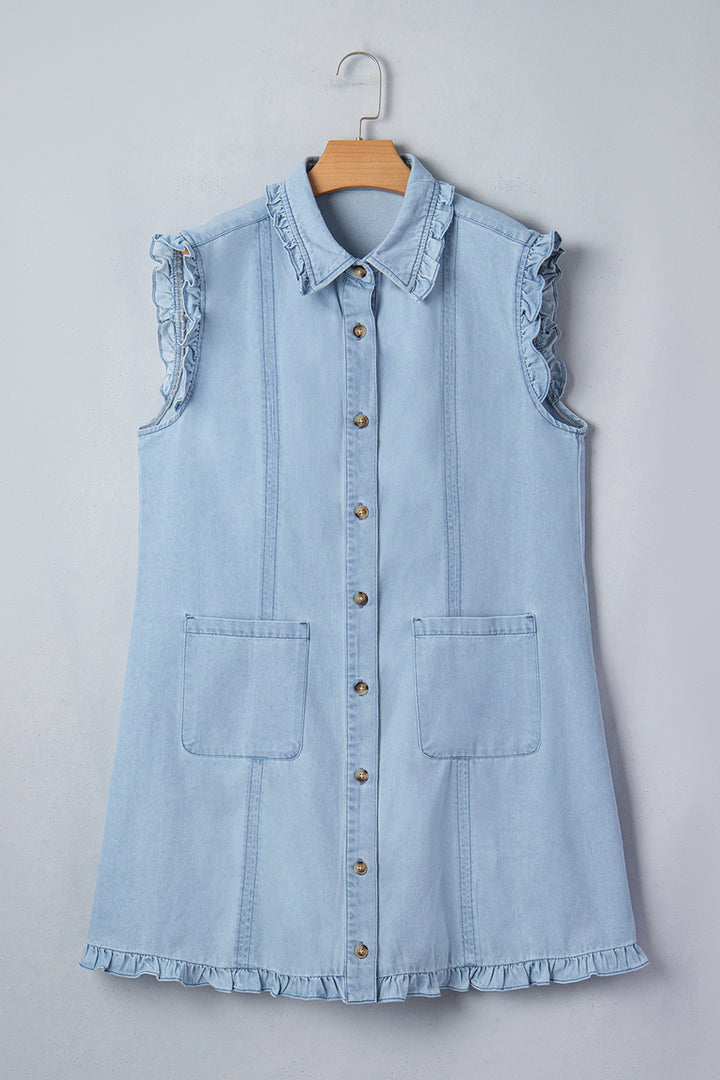 Chic Beau Blue Ruffled Edge Collared Shift Denim Dress with Pockets