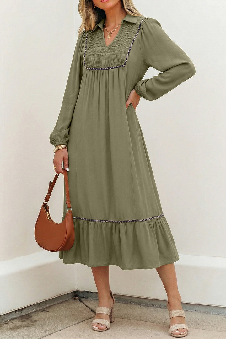 Four Leaf Clover Smocked Detail Contrast Leopard Trim Long Dress