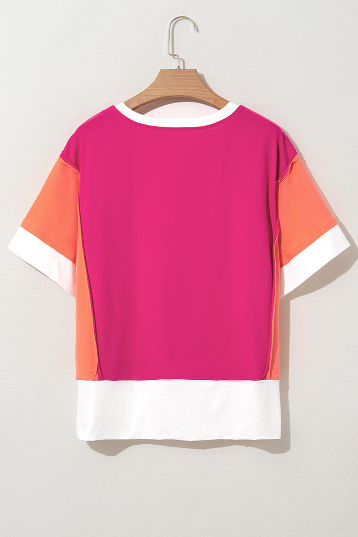 Color Block Patchwork Side Slits Loose Fit T Shirt