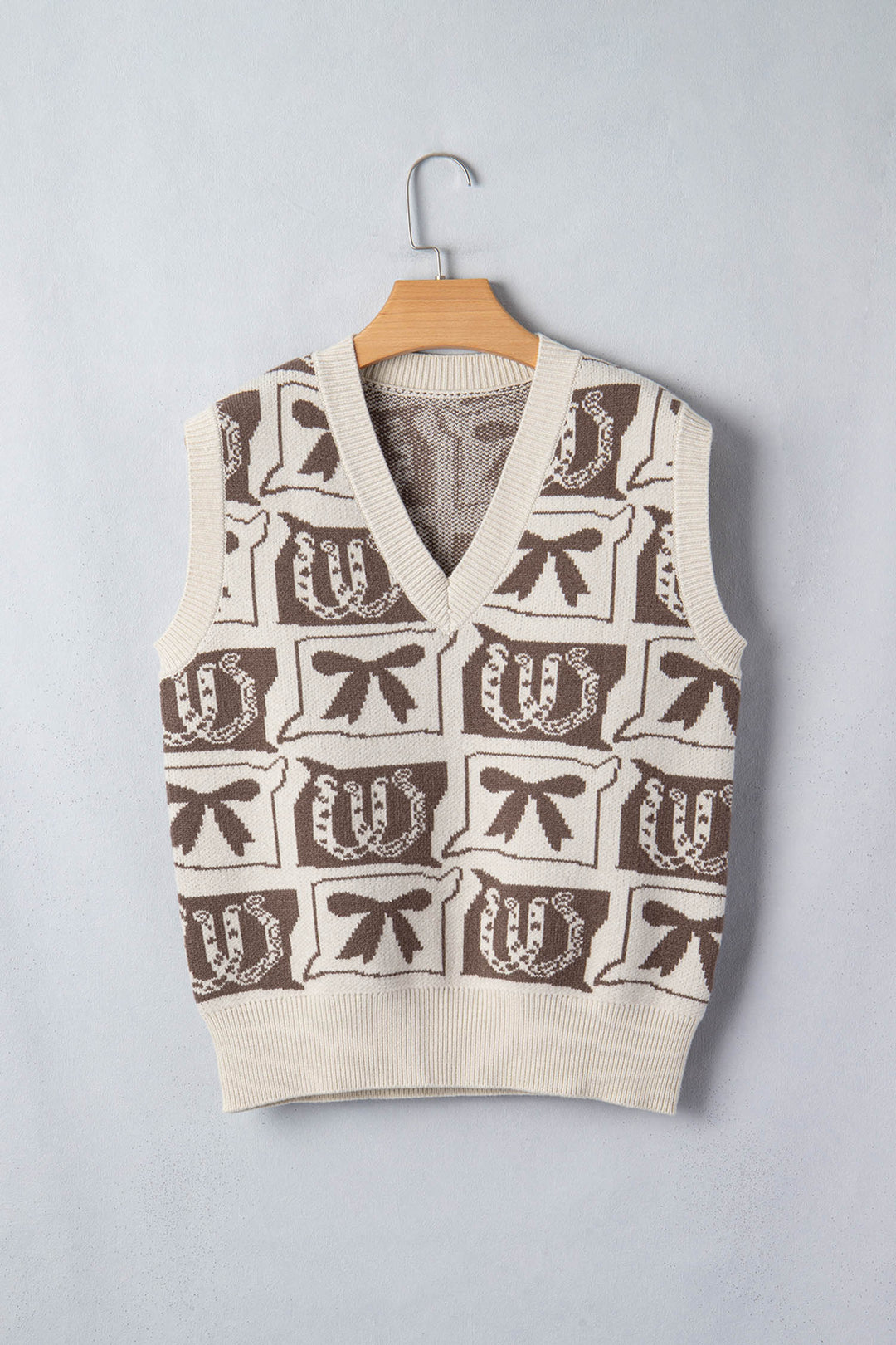 Brown Western Horseshoe Bow Printed V Neck Loose Sweater Vest