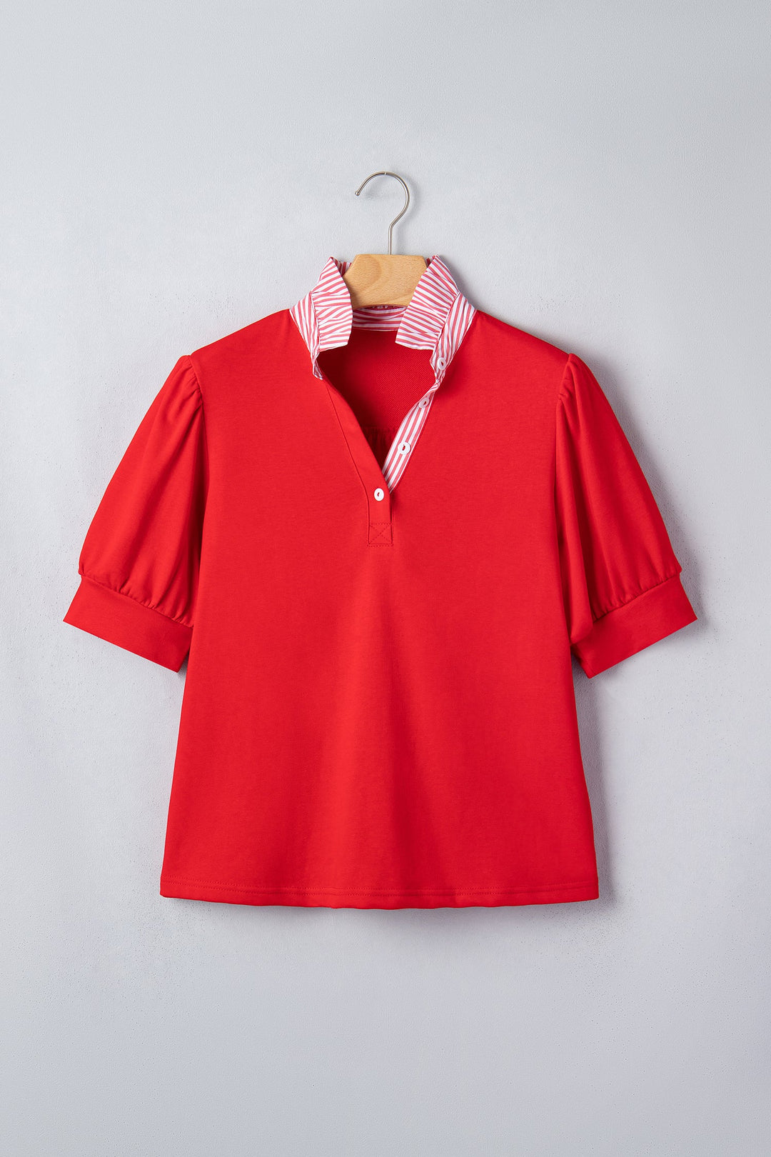 Fiery Red Striped Frilled Collar Short Sleeve Blouse