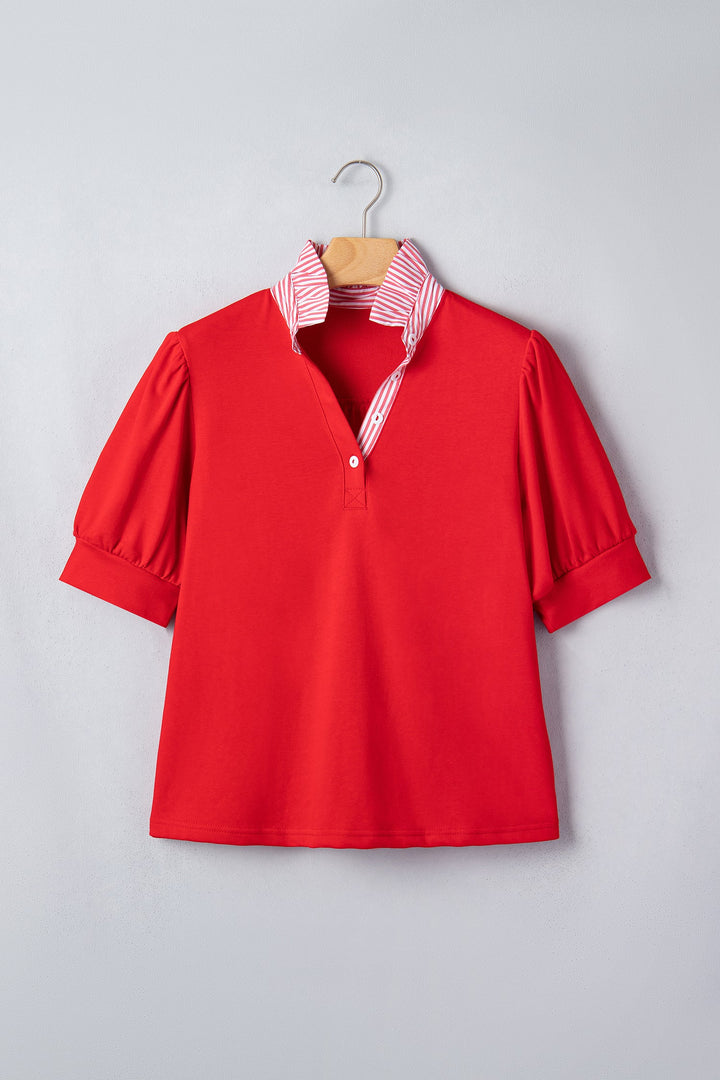 Fiery Red Striped Frilled Collar Short Sleeve Blouse