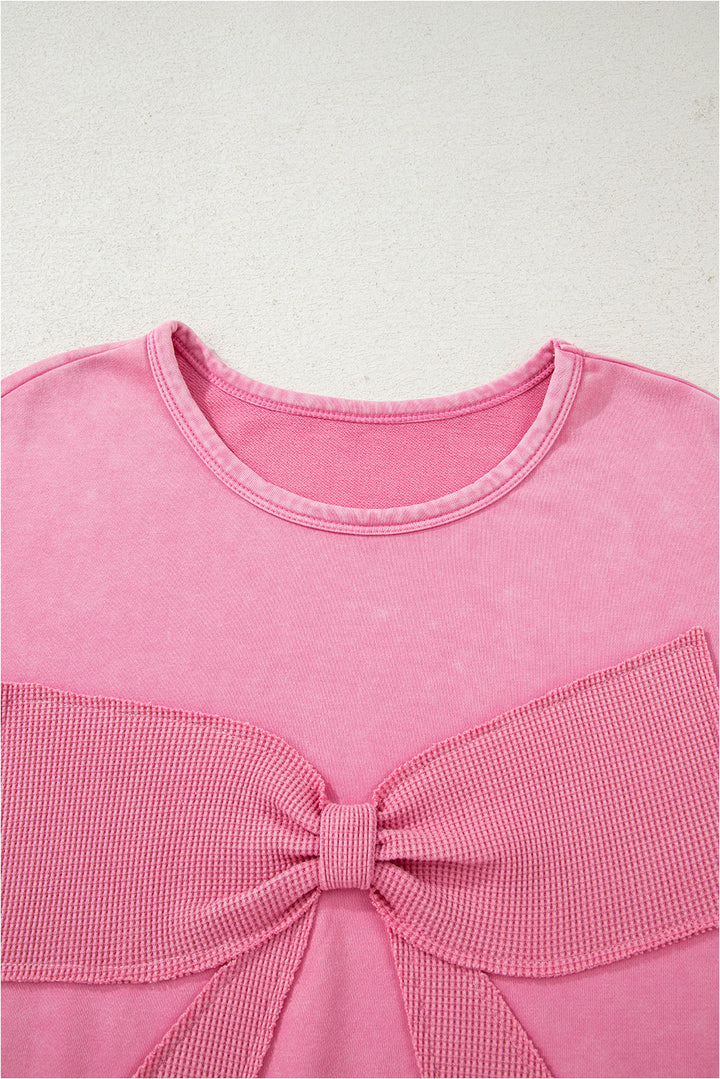 Bonbon Waffle Bowknot Patchwork Graphic Mineral Wash Plus Size Sweatshirt