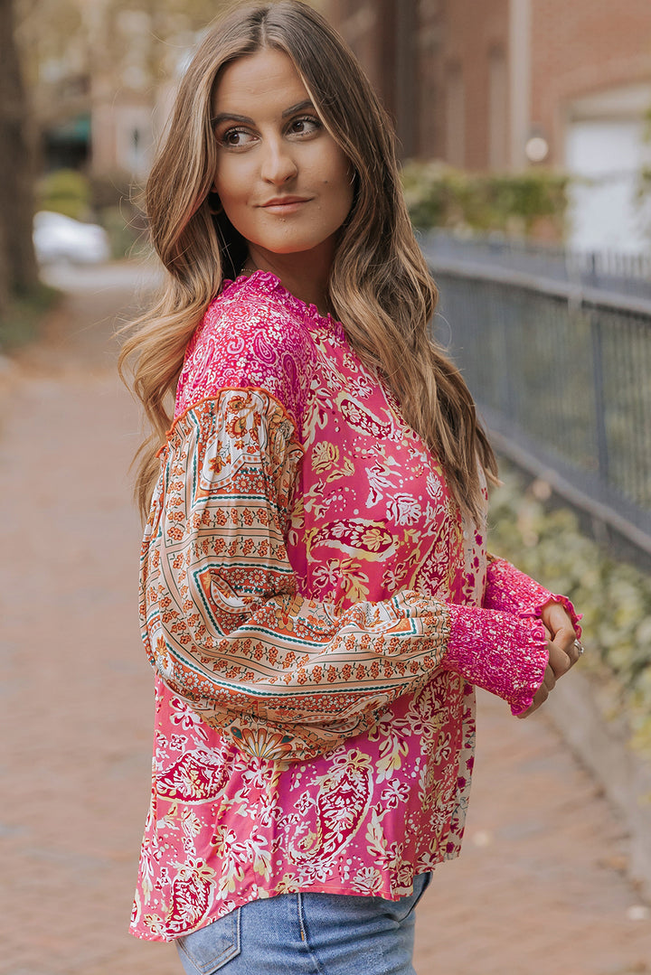 Mixed Floral Printed Puff Sleeve V-Neck Shirt