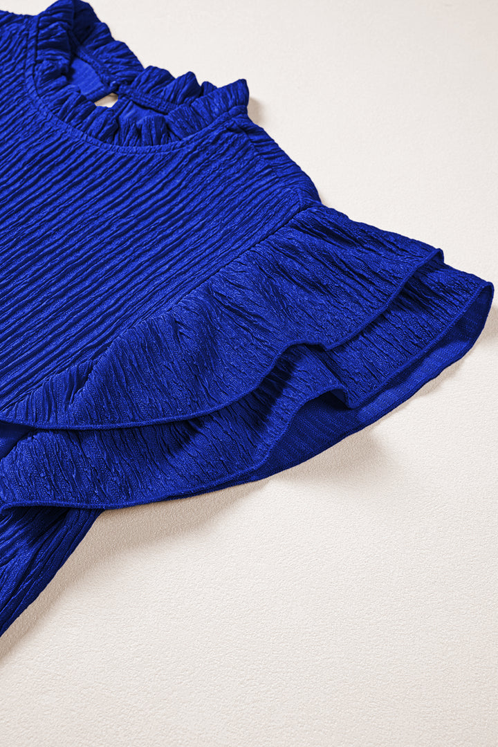 Dark Blue Solid Color Textured Ruffle Trim Short Sleeve Blouse
