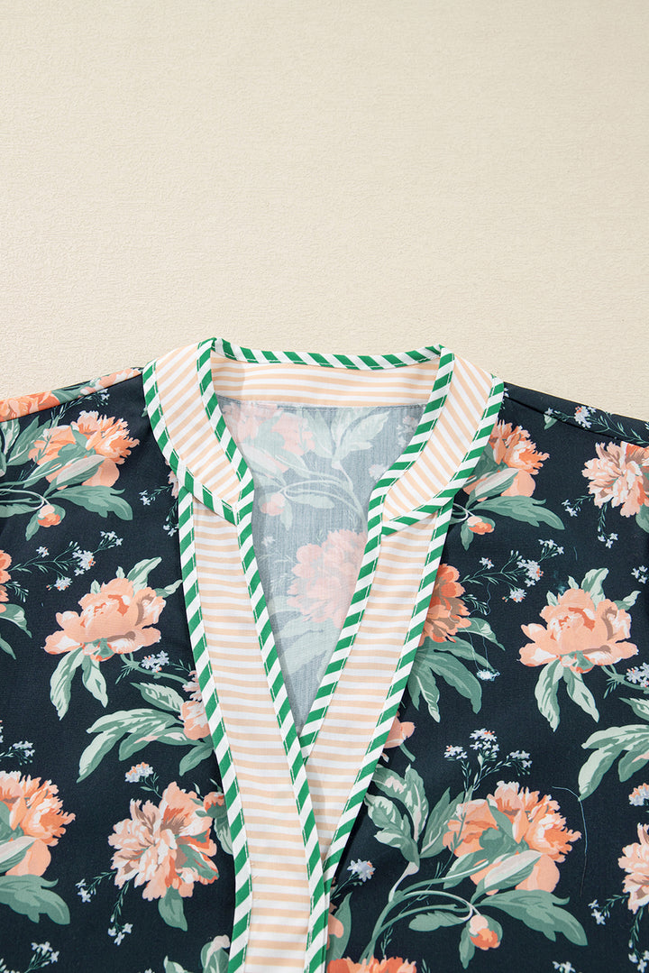 Floral Print Striped Trim V Neck Long Sleeve Ruffle Hem Shift Mini Dress