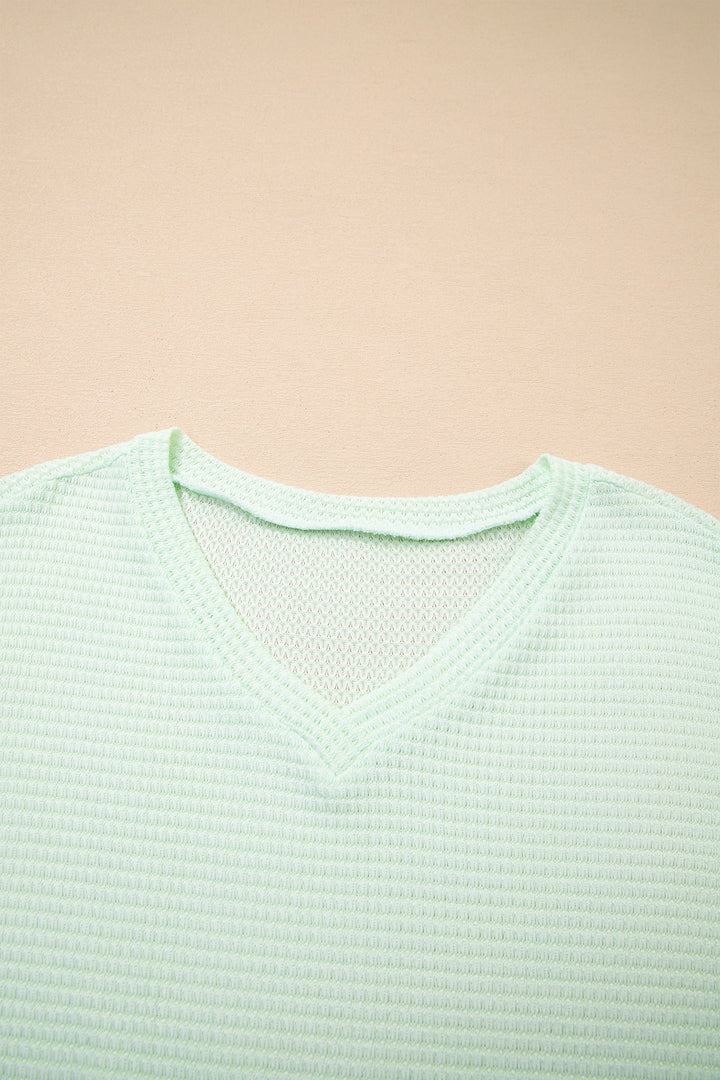 Clearly Aqua Waffle V Neck Short Sleeve Knit Top