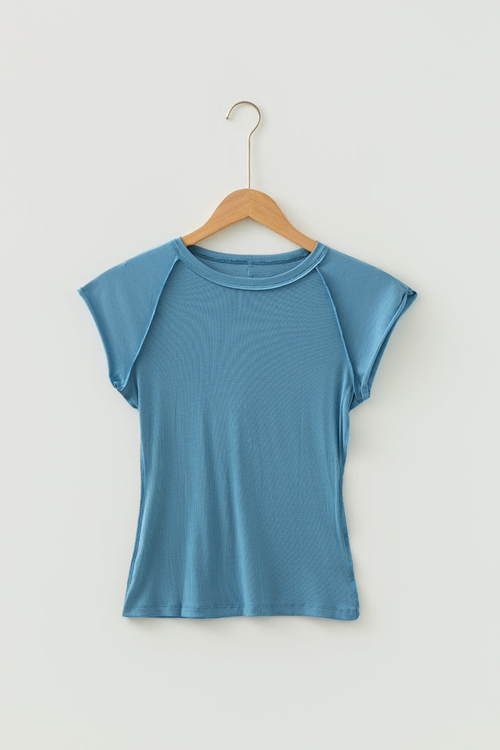 Summer Blue Crew Neck Cap Sleeve Ribbed T Shirt