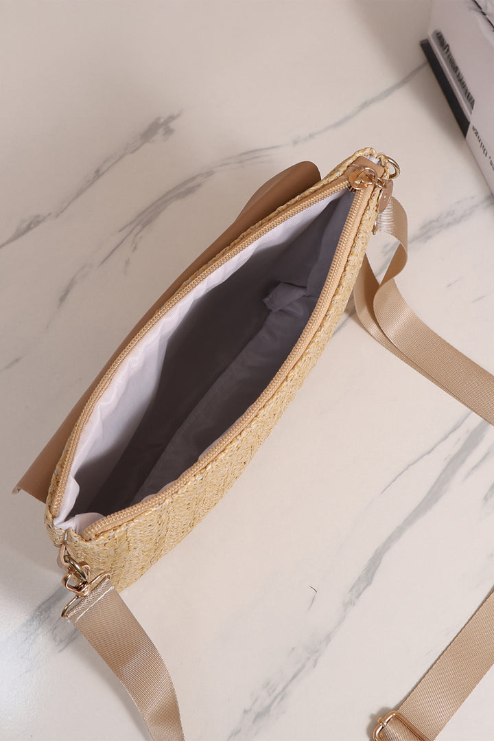 Leather Pocket Patchwork Straw Woven Shoulder Bag